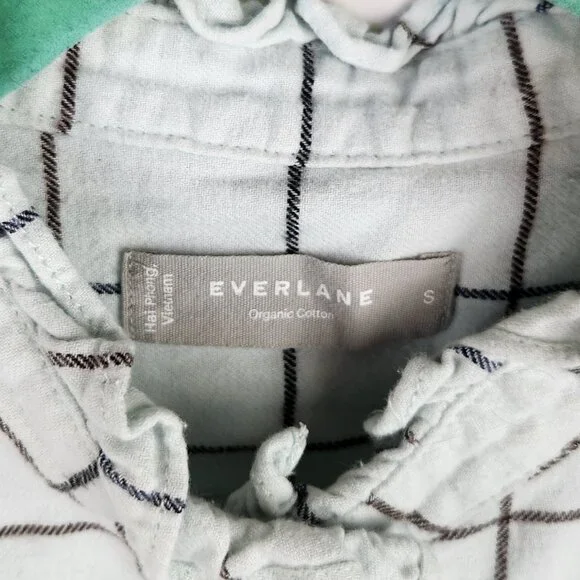 Everlane Windowpane Ruffle Neck Boxy Flannel Button Up Shirt Mint Blue sz S - Picture 9 of 10